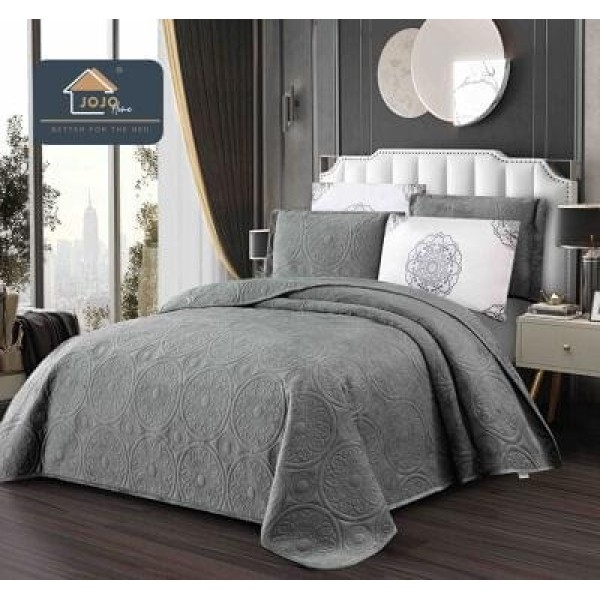 Set Cuvertură Catifea 5 Piese pentru Pat Dublu – Model Gri deschis Elegant, Matlasată, CJM-003
