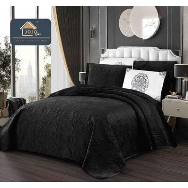 Set Cuvertură Catifea 5 Piese pentru Pat Dublu – Model Negru Elegant, Matlasată, CJM-005