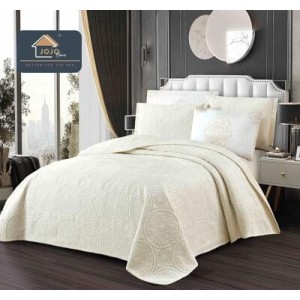 Set Cuvertură Catifea 5 Piese pentru Pat Dublu – Model Crem Elegant, Matlasată, CJM-007