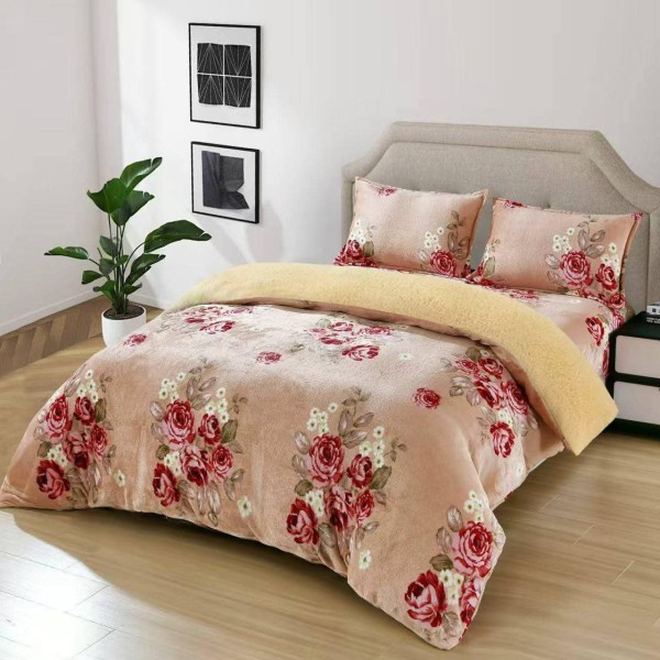 Set Lenjerie Cocolino 4 Piese cu Blăniță și Elastic – Model Bej-Rosu, flori, LEC-110