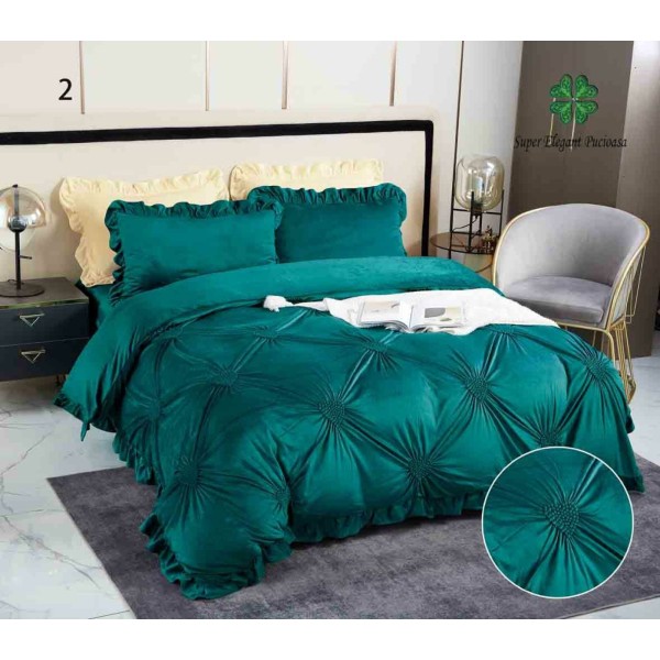 Set Lenjerie de Pat din Catifea, Cu Broderie, 4 Piese, Pat 2 Persoane, Verde Inchis, LCI-050