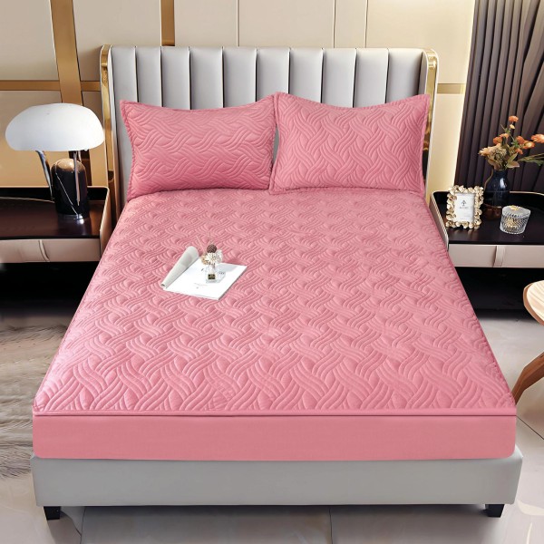 Husă/topper pat 140x200 cu elastic–Catifea moale, model ondulat–Roz, HTC-036