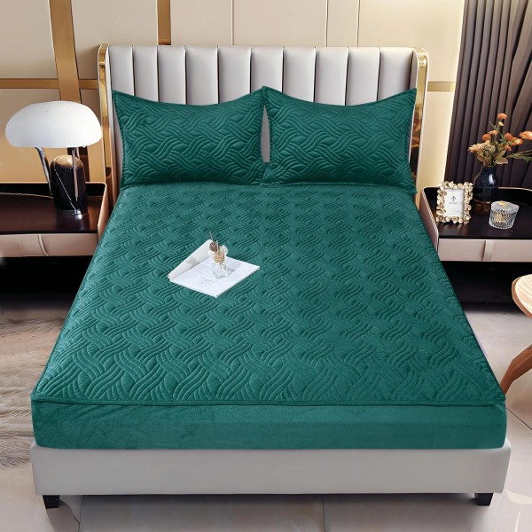 Husă/topper pat 140x200 cu elastic–Catifea moale, model ondulat, Verde smarald, HTC-053