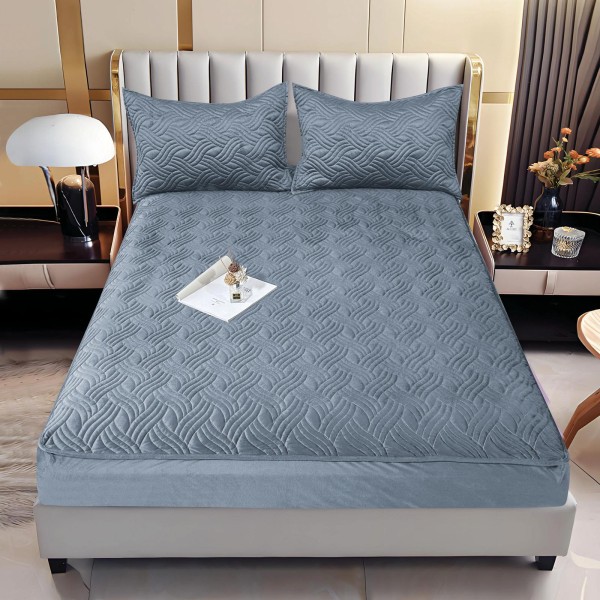 Husă/topper pat 140x200 cu elastic–Catifea moale, model ondulat–Gri deschis, HTC-031