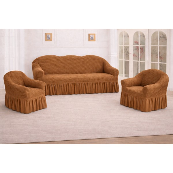 Huse Elastice si Creponate cu Volan, Canapea 3 Persoane + 2 Huse Fotolii, Maro deschis, HCVF-018