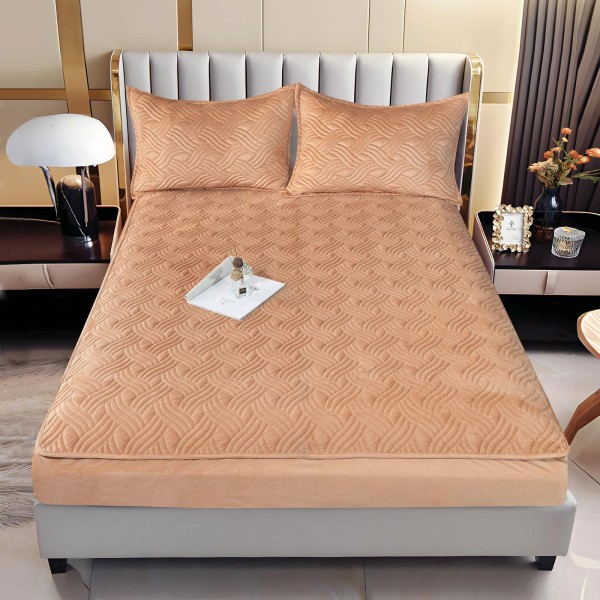 Husă/topper pat 140x200 cu elastic–Catifea moale, model–ondulat Portocaliu caramel, HTC-086
