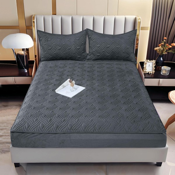 Husă/topper pat 140x200 cu elastic–Catifea moale, model ondulat–Gri inchis, HTC-015