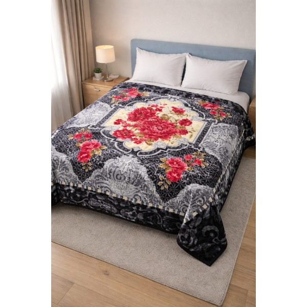Pătură Cocolino Pufoasă pentru Pat Dublu – Model Floral cu Trandafiri, Negru cu Roșu, PCM-031