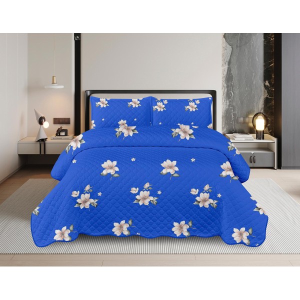 Cuvertură Pat Dublu din Bumbac Satinat cu 2 Fețe de Pernă – Model Floral Albastru Regal, OCT-224