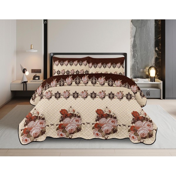 Cuvertură Pat Dublu din Bumbac Satinat cu 2 Fețe de Pernă – Model Floral Elegant, Culoare Bej cu Maro, OCT-324