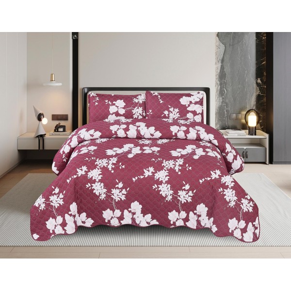 Cuvertură Pat Dublu cu 2 Fețe de Pernă – Bumbac Satinat, Model Floral Elegant, Culoare Bordo, OCT-046