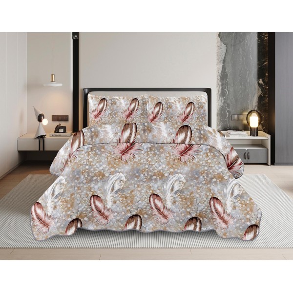 Cuvertură Pat Dublu din Bumbac Satinat cu 2 Fețe de Pernă – Model Pene Elegante, Culoare Bej-Maro, OCT-013