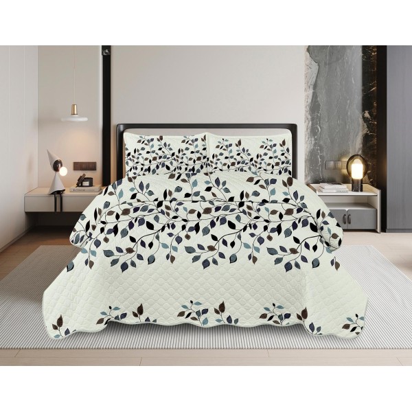 Cuvertură Pat Dublu cu 2 Fețe de Pernă din Bumbac Satinat – Model Floral Albastru, Gri, OCT-066