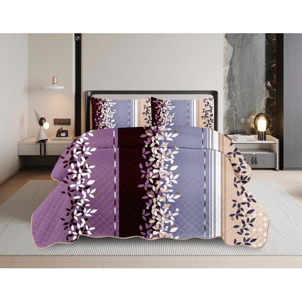 Cuvertură Pat Dublu din Bumbac Satinat cu 2 Fețe de Pernă – Model Frunze, Mov-Bej-Gri, OCT-009