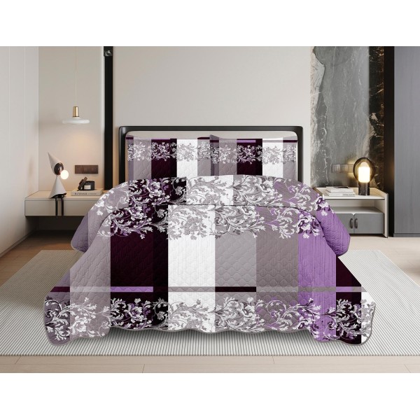 Cuvertură Pat Dublu cu 2 Fețe de Pernă din Bumbac Satinat – Model Elegant Mov, Bej, OCT-025