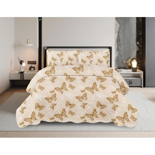 Cuvertură Pat Dublu din Bumbac Satinat cu 2 Fețe de Pernă – Model Fluturi Eleganți, Crem-Auriu, OCT-034
