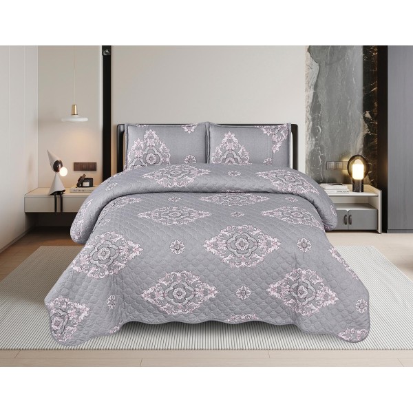 Cuvertură Pat Dublu din Bumbac Satinat cu 2 Fețe de Pernă – Model Ornamental Elegant, Gri Argintiu, OCT-035