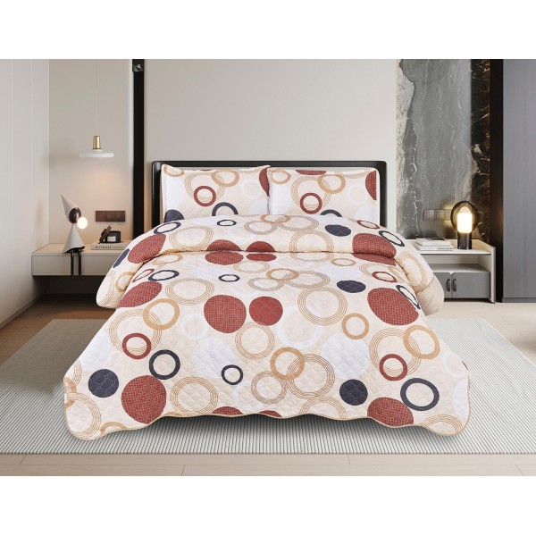 Cuvertură Pat Dublu din Bumbac Satinat cu 2 Fețe de Pernă – Model Cercuri, Crem, Maro și Bleumarin, OCT-037