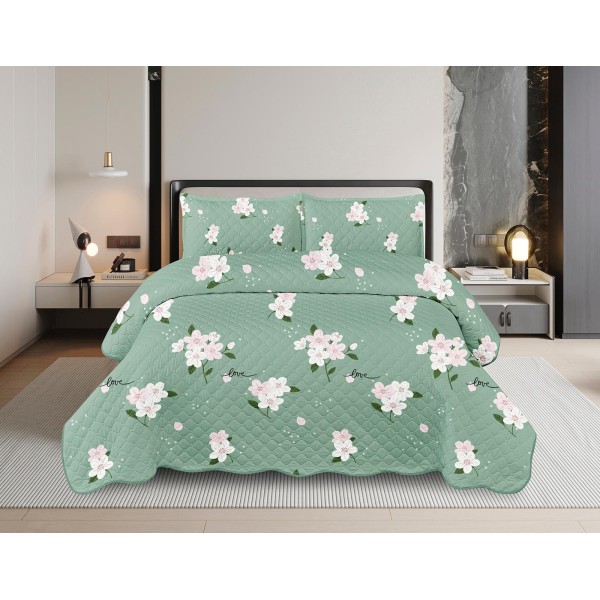 Cuvertură Pat Dublu din Bumbac Satinat cu 2 Fețe de Pernă – Model Floral, Verde Mentă, OCT-038