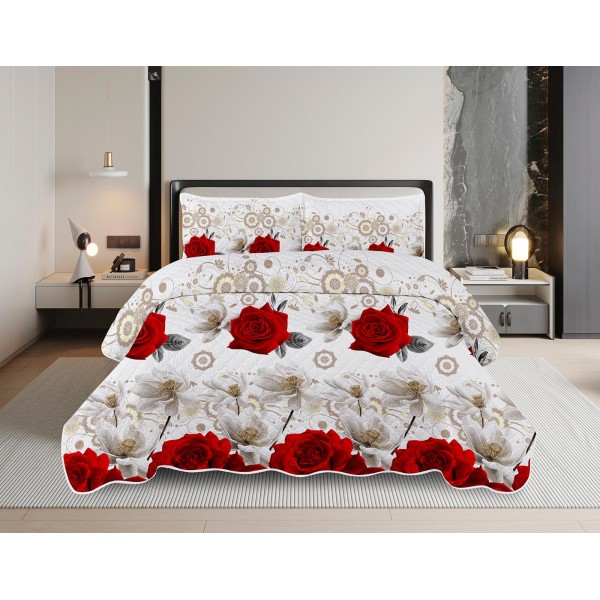 Cuvertură Pat Dublu din Bumbac Satinat cu 2 Fețe de Pernă – Model Trandafiri Eleganți, Alb cu Roșu, OCT-039