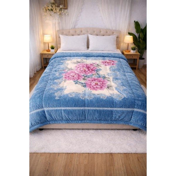 Pătură Cocolino Pufoasă pentru Pat Dublu – Model Floral Elegant, Albastru cu Flori Roz, PCM-053