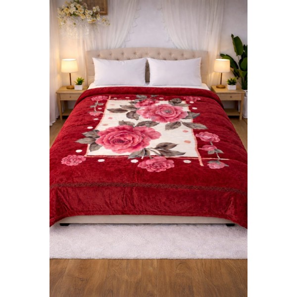 Pătură Cocolino Pufoasă pentru Pat Dublu – Model Floral Elegant, Roșu Bordo, PCM-054