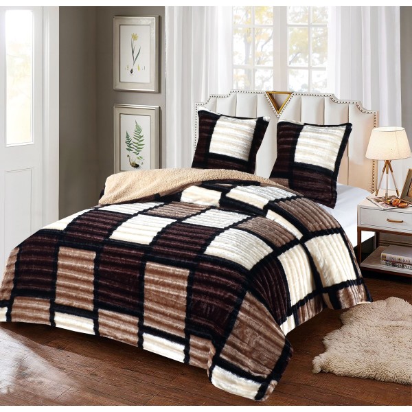 Pilotă Cocolino cu Blăniță 200x230 cm + 2 Fețe de Pernă – Model Carouri Maro & Crem, PDC-063