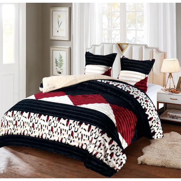 Pilotă Cocolino cu Blăniță 200x230 cm + 2 Fețe de Pernă – Model Geometric Negru, Bordo & Crem, PDC-116