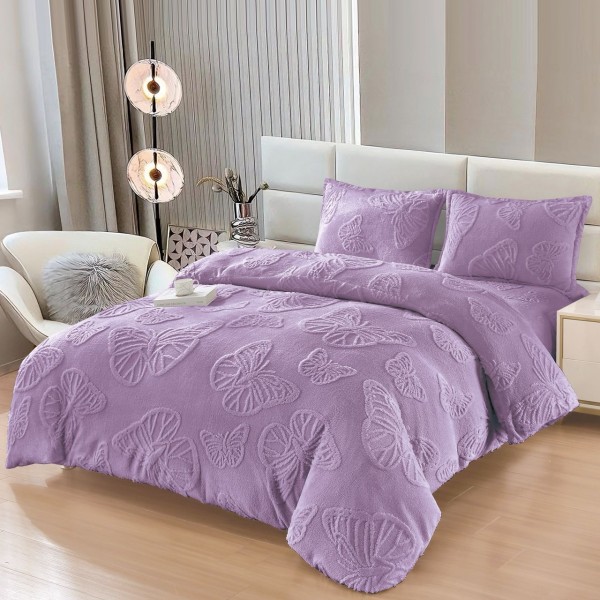 Set Lenjerie Pufoasă Cocolino cu Elastic 4 Piese, Pat Dublu, Fluturi 3D în Relief, Lila, LEC-157