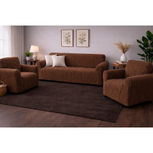 Set huse pentru canapea 3 Locuri si 2 fotolii, fara volanas, model Jacquard, Maro inchis, HCJ-070