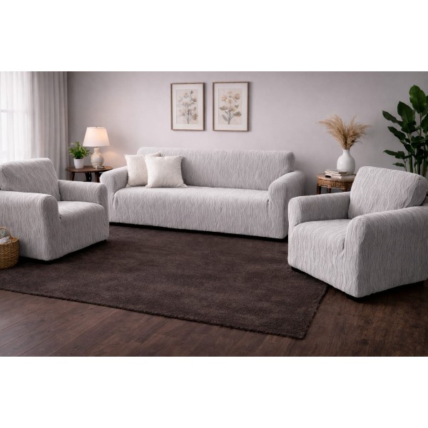 Set huse pentru canapea 3 Locuri si 2 fotolii, fara volanas, model Jacquard, Crem, HCJ-071