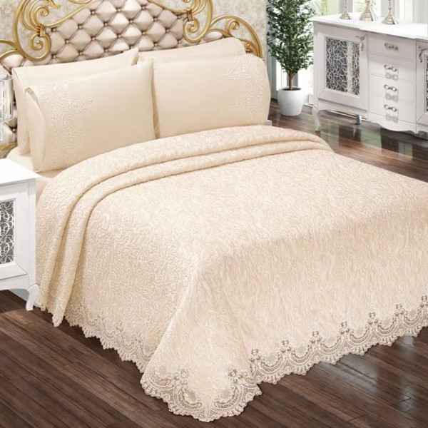 Set Cuvertură de lux Matlasată cu dantelă Elegantă, 6 piese, pat 2 persoane, Bej deschis, CME-004 Set Cuvertură de lux Matlasată cu dantelă Elegantă, 6 piese, pat 2 persoane, Bej deschis, CME-004