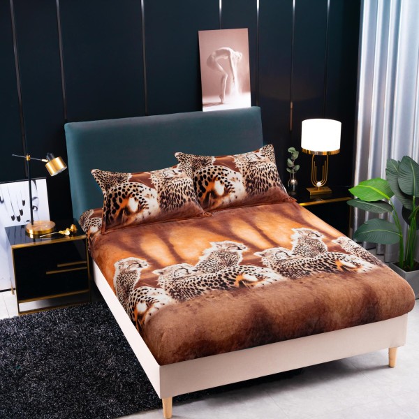 Cearșaf Cocolino cu Elastic 180x200 cm + 2 Fețe de Pernă – Model Leopard Maro, HC-097