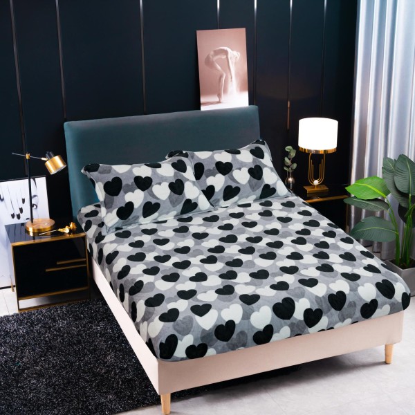 Cearșaf Cocolino cu Elastic 180x200 cm + 2 Fețe de Pernă – Model Inimioare Gri-Negru, HC-098