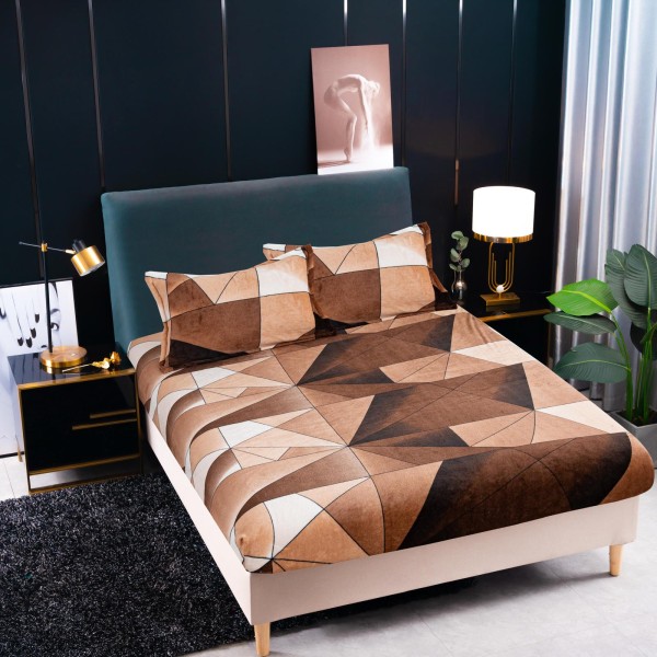 Cearșaf Cocolino cu Elastic 180x200 cm + 2 Fețe de Pernă – Model Geometric Maro-Bej, HC-013