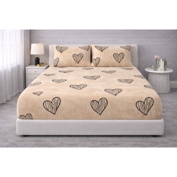Cearșaf Cocolino cu Elastic + 2 Fețe de Pernă – Model Inimioare Bej cu Negru, HDC-003