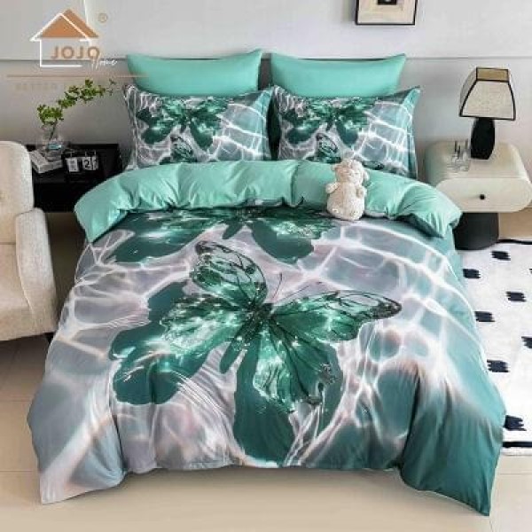 Lenjerie Finet 4 Piese Pat 1 Persoană cu Elastic – Model Fluture Turcoaz Cristal, LOP-003