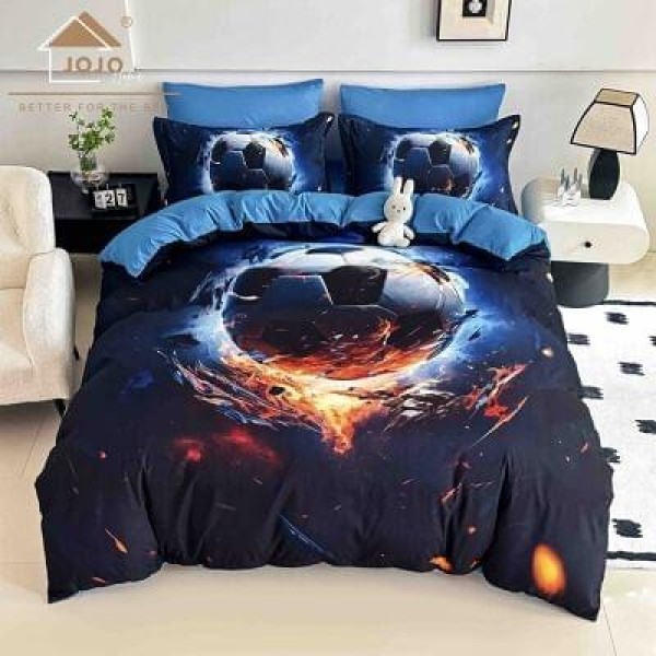 Lenjerie Finet 4 Piese Pat 1 Persoană cu Elastic – Model Minge de Fotbal Cosmică, Albastru, LOP-016