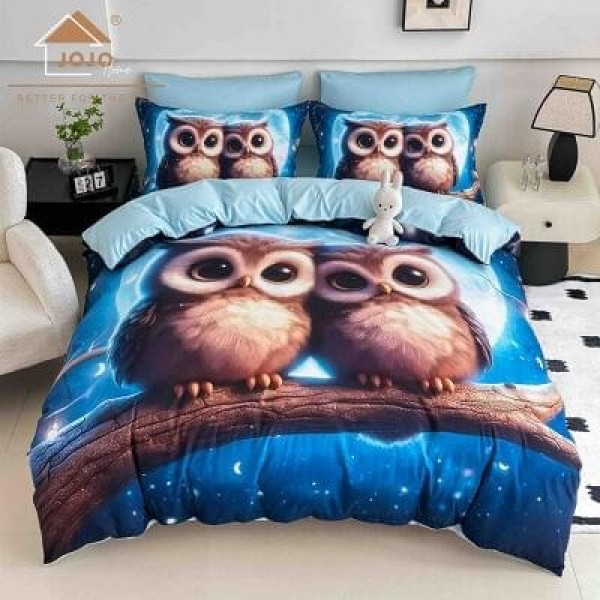 Lenjerie Finet 4 Piese Pat 1 Persoană cu Elastic – Model Bufnițe Albastre, LOP-037