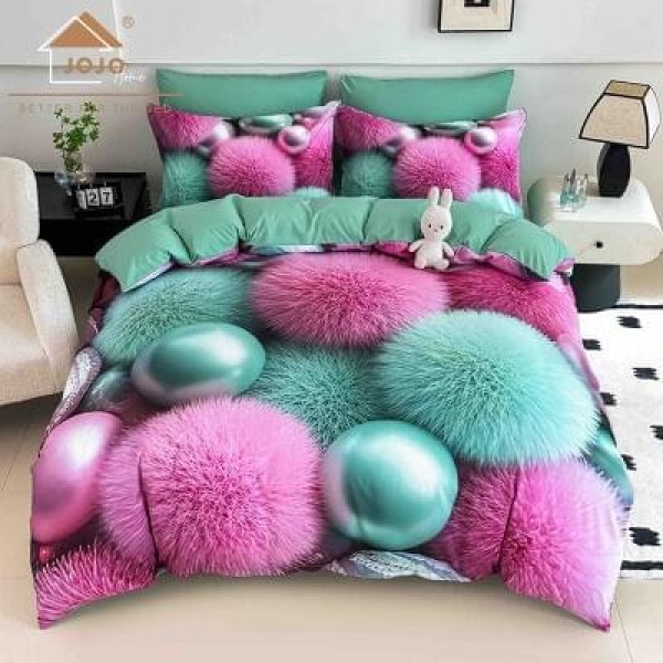 Lenjerie Finet 4 Piese Pat 1 Persoană cu Elastic – Model Bile Pufoase Turcoaz & Roz, LOP-043