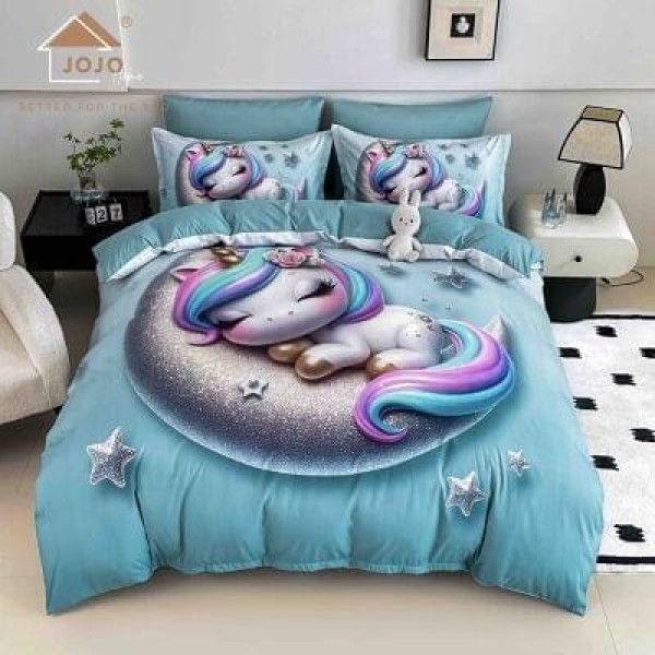 Lenjerie Finet 4 Piese Pat 1 Persoană cu Elastic – Model Unicorn Somn Lin, LOP-063