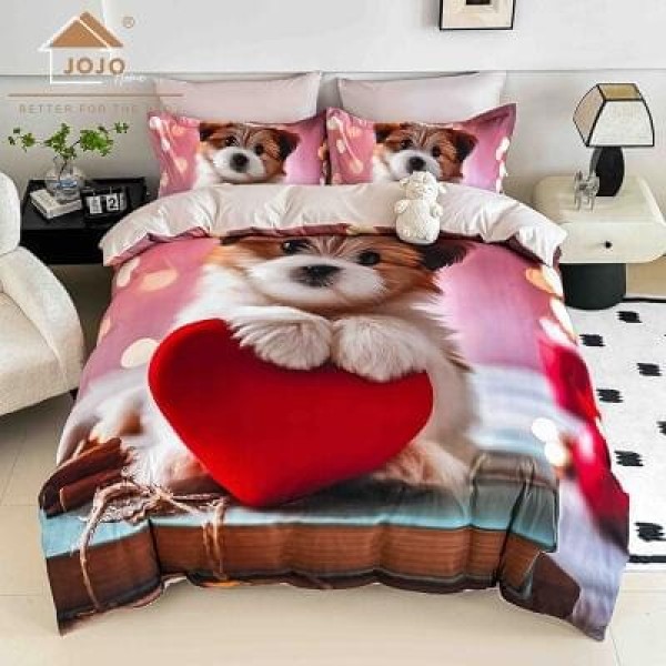 Lenjerie Finet 4 Piese Pat 1 Persoană cu Elastic – Model Cățeluș cu Inimă Roz, LOP-064