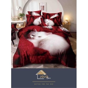 Lenjerie Finet 4 Piese Pat 1 Persoană cu Elastic – Model Pisică Albă Bordo Elegant, LOP-066