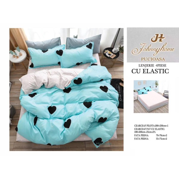 Lenjerie de Pat Dublu Bumbac Satinat Superior, 4 Piese, cu Elastic – Model Inimioare, Turcoaz & Negru, LDBSE-027
