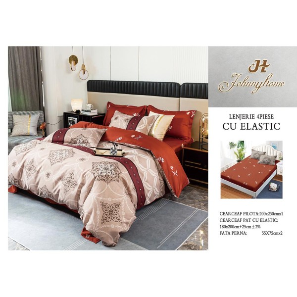 Lenjerie de Pat Dublu Bumbac Satinat Superior, 4 Piese, cu Elastic – Model Oriental Elegant, Bordo & Bej, LDBSE-040