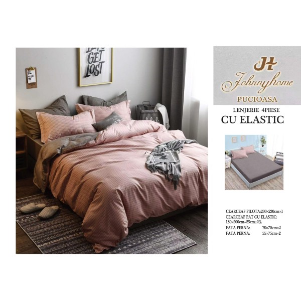 Lenjerie de Pat Dublu Bumbac Satinat Superior, 4 Piese, cu Elastic – Model Carouri Fine, Roz Pudrat & Gri, LDBSE-060