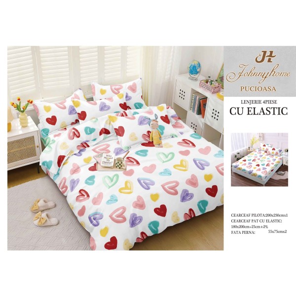 Lenjerie de Pat Dublu Bumbac Satinat Superior, 4 Piese, cu Elastic – Model Inimioare Multicolore, Alb, LSE-006