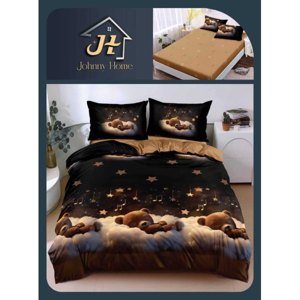 Lenjerie Pat Dublu Bumbac Satinat Superior, 4 Piese, cu Elastic – Model Catel, Maro & Bej Auriu, LDBSE-028