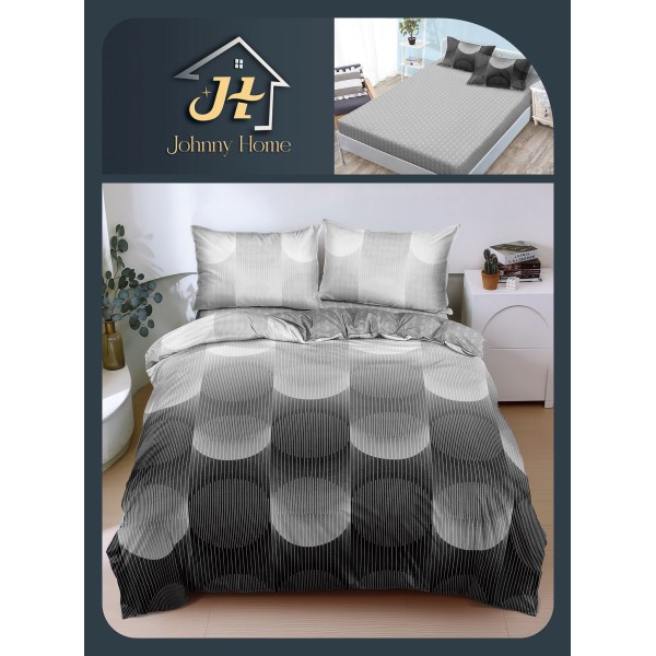 Lenjerie Pat Dublu Bumbac Satinat Superior, 4 Piese, cu Elastic – Model Cercuri, Gri, LDBSE-061