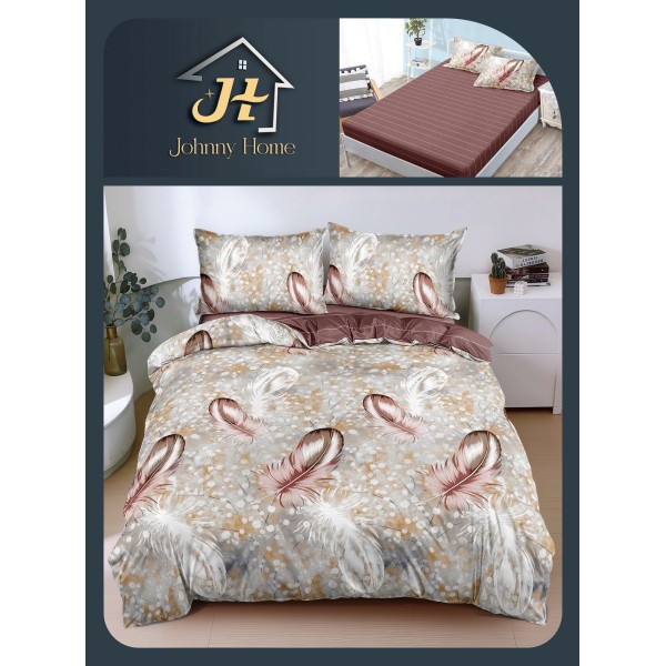 Lenjerie Pat Dublu Bumbac Satinat Superior, 4 Piese, cu Elastic – Model Pene, Bej, Cappuccino & Maro, LDBSE-024